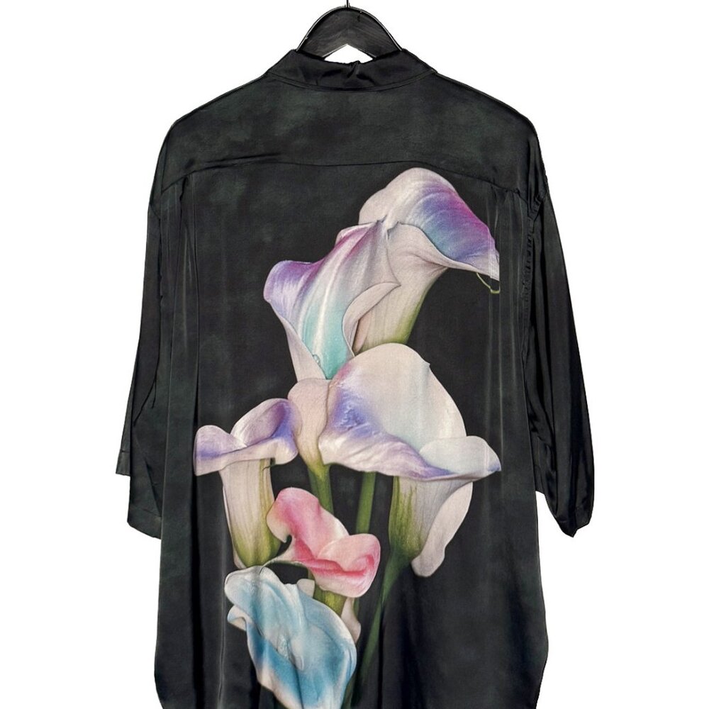 Acne Studios "Carlijn Jacobs" Sandrok Black Satin Floral Print Short Sleeves Shi